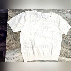 White Pointelle Short Sleeve Sweater Top - Size Medium